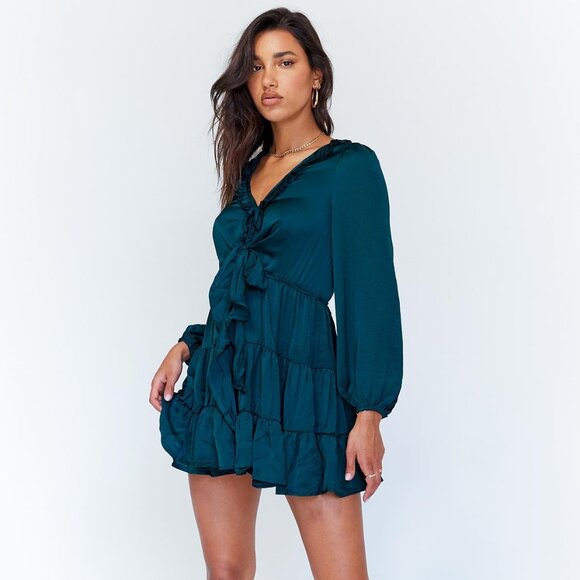 Princess Polly Teal Satin Tiered Mini Dress - Picture 1 of 12